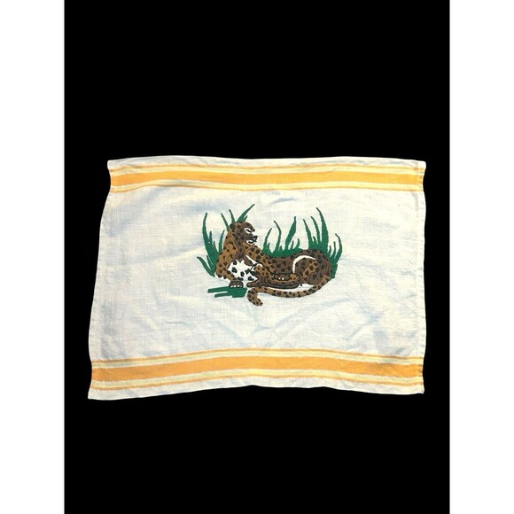 Vtg Hand Stitched  Leopard Crewel Embroidery On Linen Towel To Frame Or Use - Picture 1 of 6